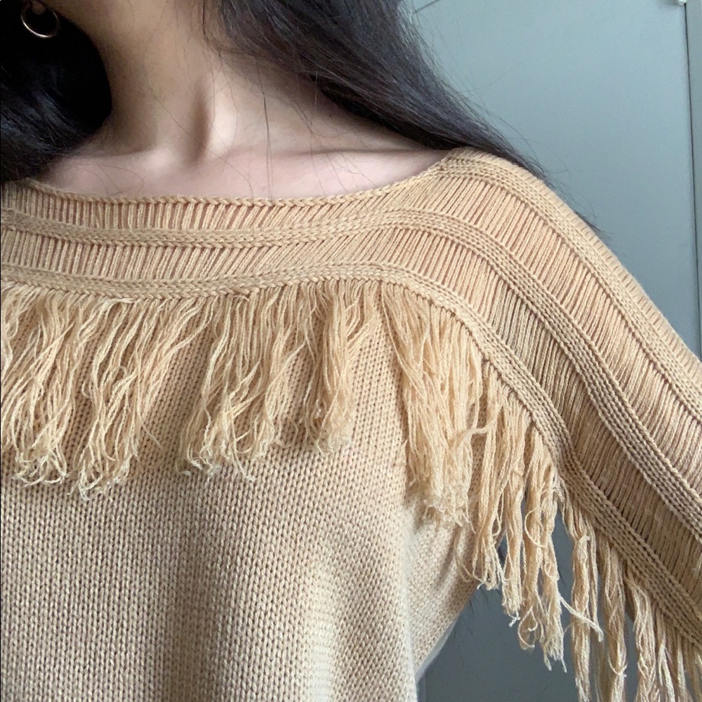 Camel Fringe Knit Boxy Top Material Girl